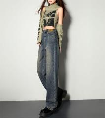 Retro blue wide leg jeans for women