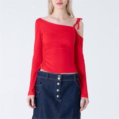 Diagonal collar off shoulder long sleeved top