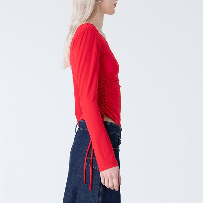 Diagonal collar off shoulder long sleeved top