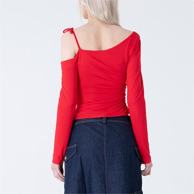 Diagonal collar off shoulder long sleeved top