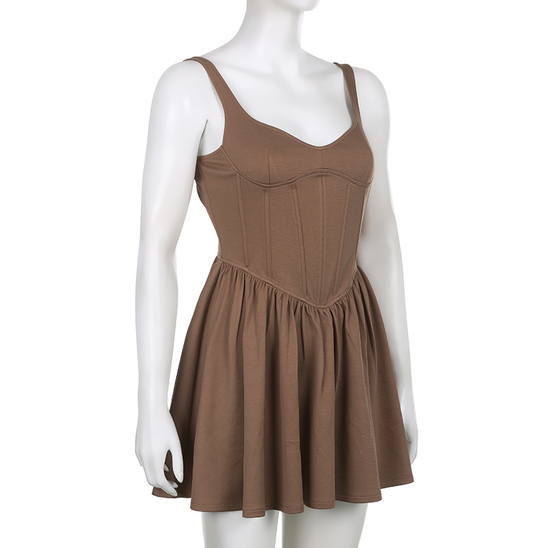 Sexy fishbone pleated suspender puffy dress