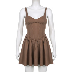 Sexy fishbone pleated suspender puffy dress