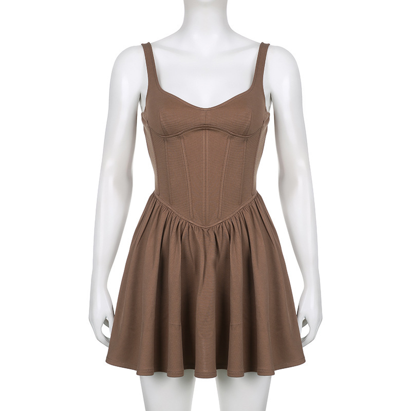 Sexy fishbone pleated suspender puffy dress