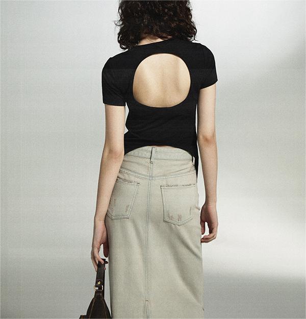 Open back elastic short sleeved top T-shirt for women
