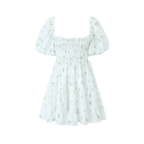 Square necked floral dress short skirt