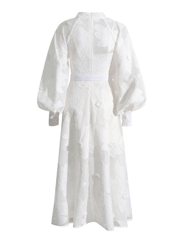 Round neck lantern sleeve embroidered long skirt