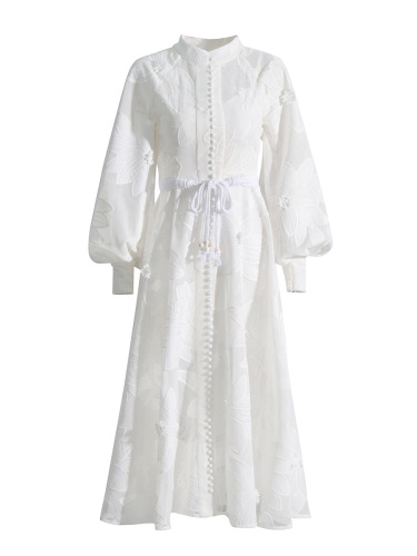 Round neck lantern sleeve embroidered long skirt