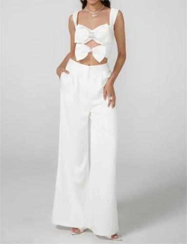 Suspender bow top+casual wide leg long set