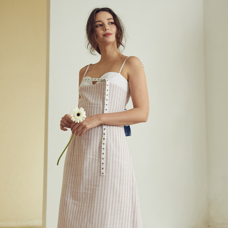 Striped Suspender Linen Backless Dress/Trousers Set