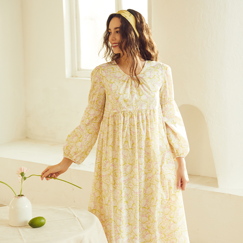 New Design Round Neck Floral Loose Long Sleeve Dress