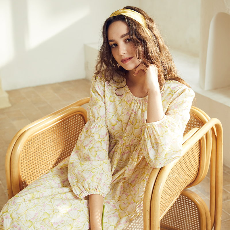New Design Round Neck Floral Loose Long Sleeve Dress