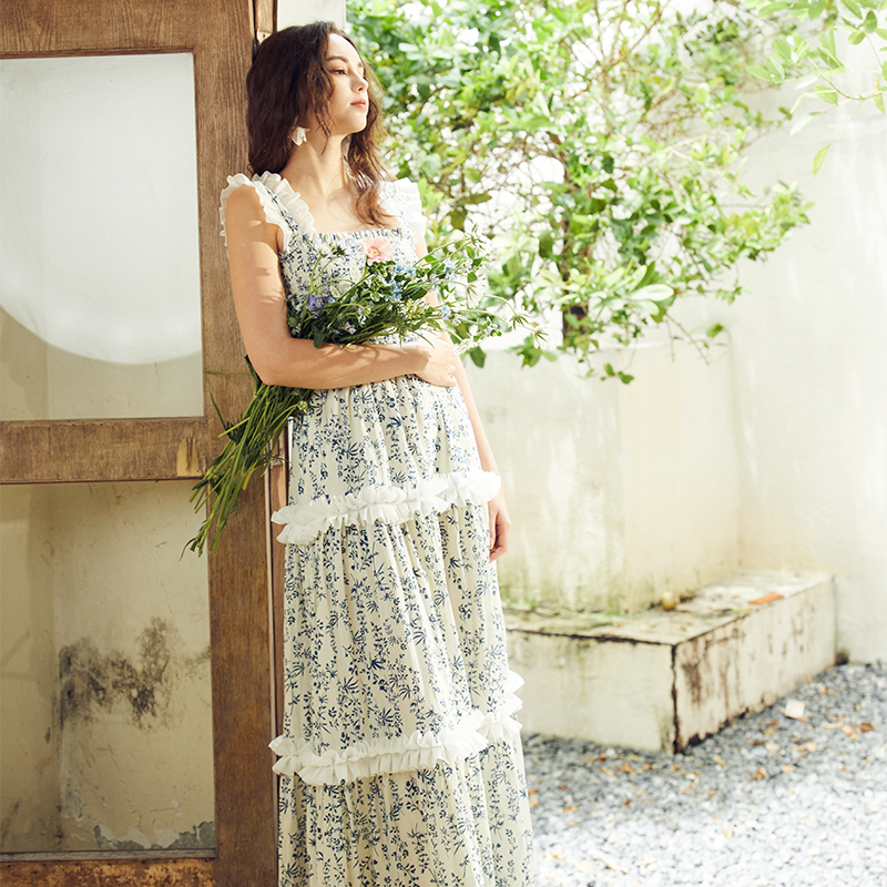 OEM Ruffled Floral Suspender Cake Long Dress