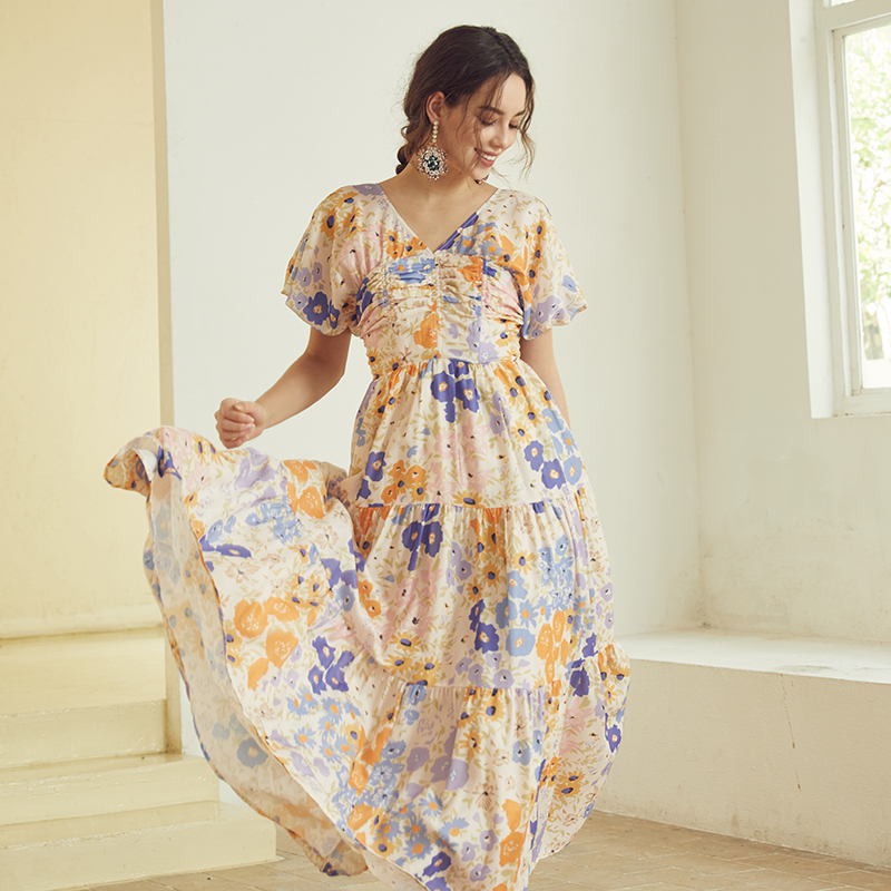 Puff sleeve Pleated V-Neck Waisted Floral Long Dress