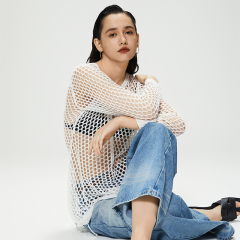 Round Neck Hollow White Long Sleeve Top