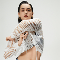 Round Neck Hollow White Long Sleeve Top