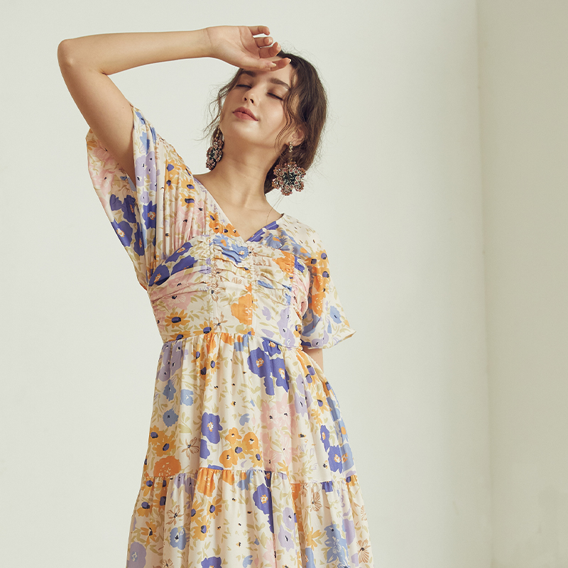 Puff sleeve Pleated V-Neck Waisted Floral Long Dress