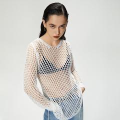 Round Neck Hollow White Long Sleeve Top