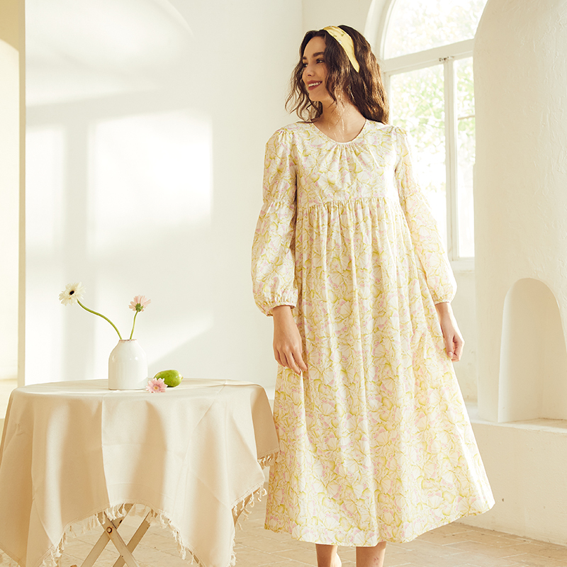 New Design Round Neck Floral Loose Long Sleeve Dress