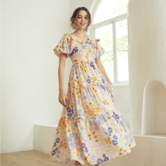 Puff sleeve Pleated V-Neck Waisted Floral Long Dress