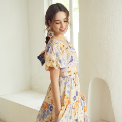 Puff sleeve Pleated V-Neck Waisted Floral Long Dress