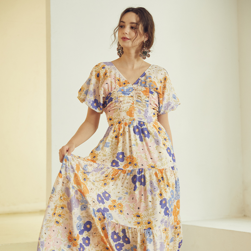 Puff sleeve Pleated V-Neck Waisted Floral Long Dress