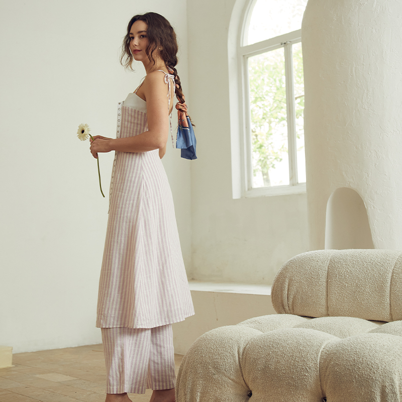 Striped Suspender Linen Backless Dress/Trousers Set