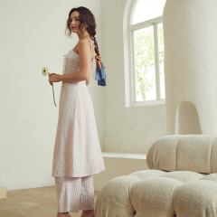 Striped Suspender Linen Backless Dress/Trousers Set