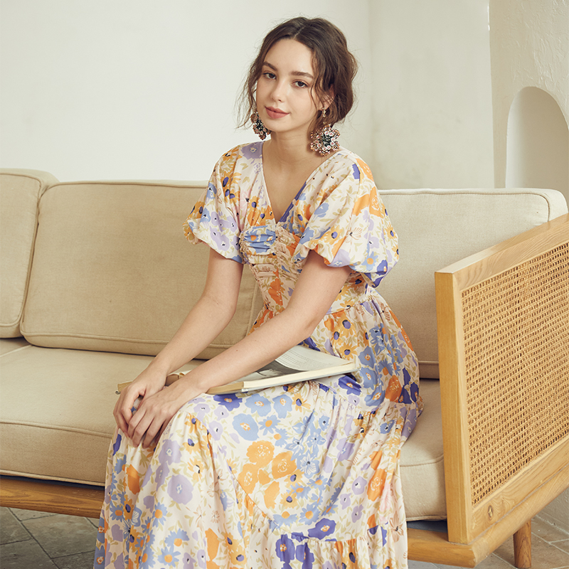 Puff sleeve Pleated V-Neck Waisted Floral Long Dress