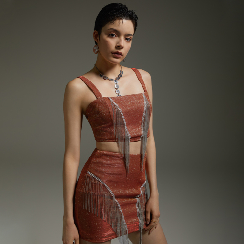 Sexy Tasseled Glitter Suspender Hip Two-Piece Set