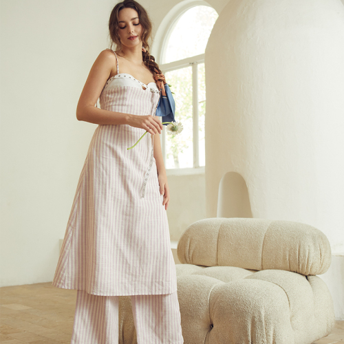 Striped Suspender Linen Backless Dress/Trousers Set