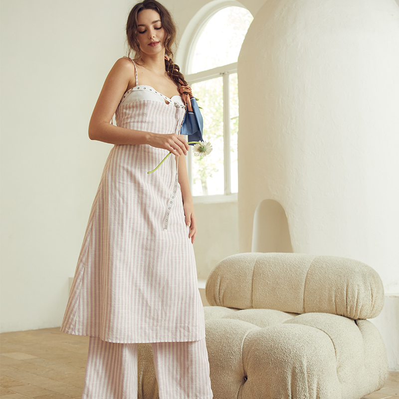 Striped Suspender Linen Backless Dress/Trousers Set
