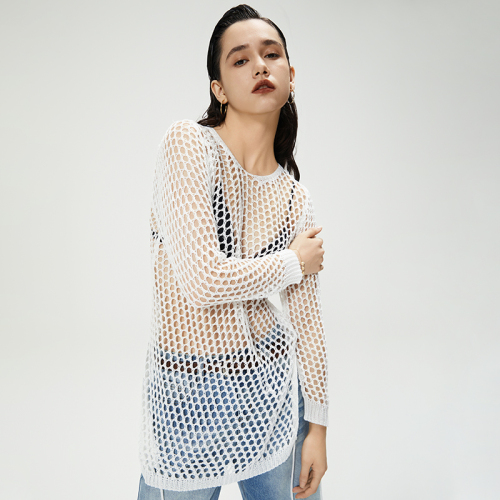 Round Neck Hollow White Long Sleeve Top
