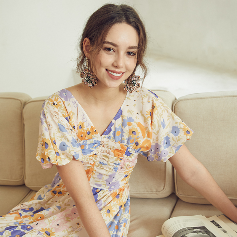 Puff sleeve Pleated V-Neck Waisted Floral Long Dress