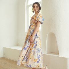 Puff sleeve Pleated V-Neck Waisted Floral Long Dress