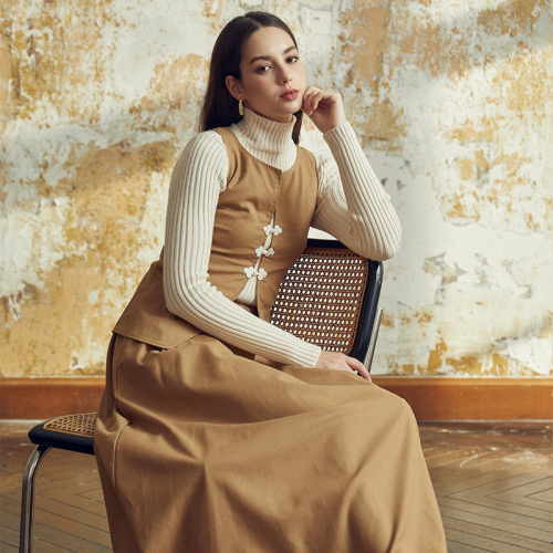 Brown buttoned vest two-piece set