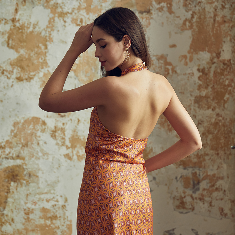 Sexy slim-fitting suspender printed backless short dress