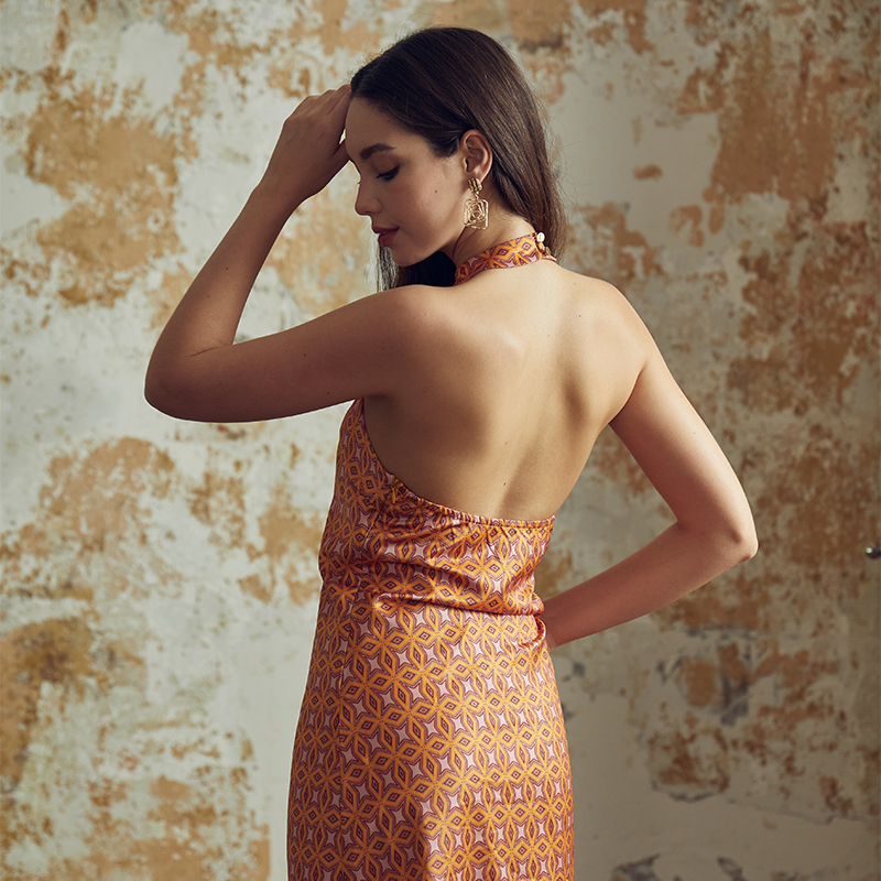 Sexy slim-fitting suspender printed backless short dress