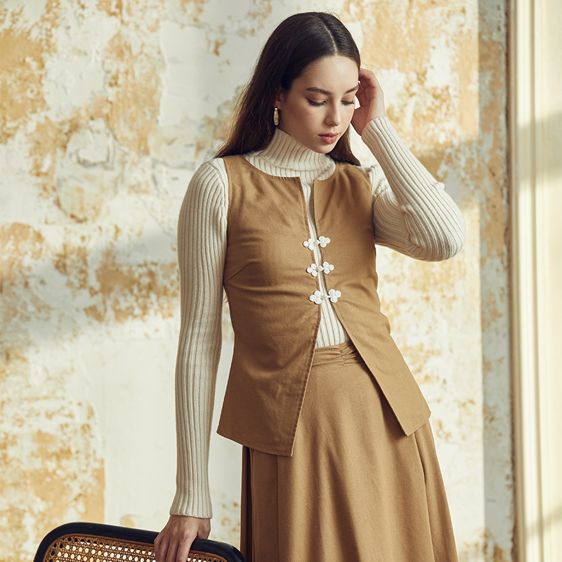 Brown buttoned vest two-piece set