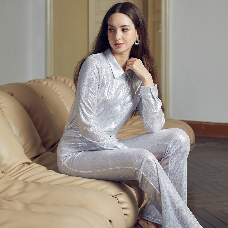 Formal hot silver shirt wide leg pants suit