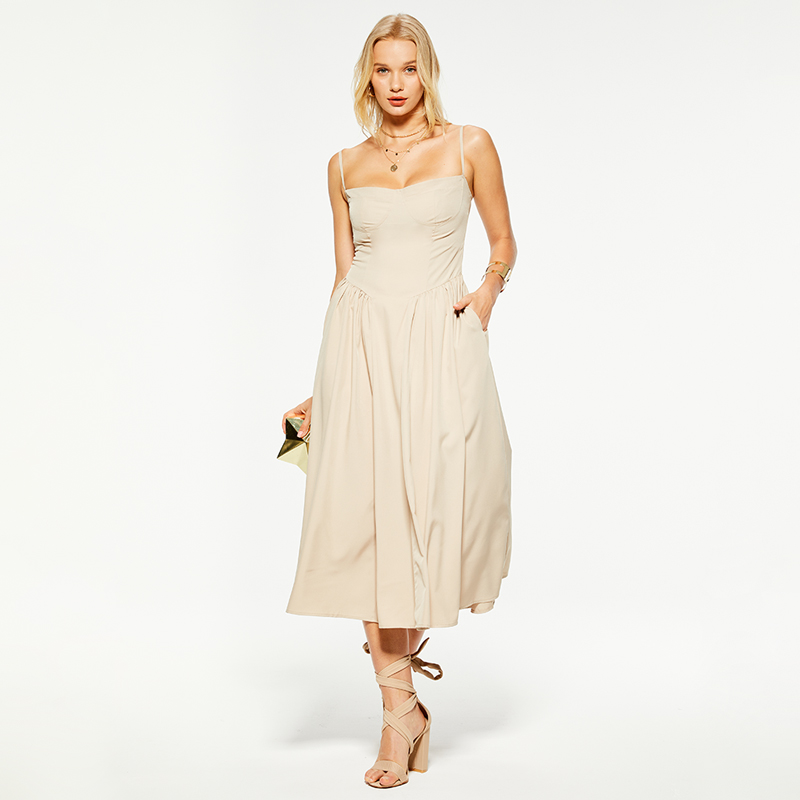 Khaki linen waist-cinched suspender maxi dress