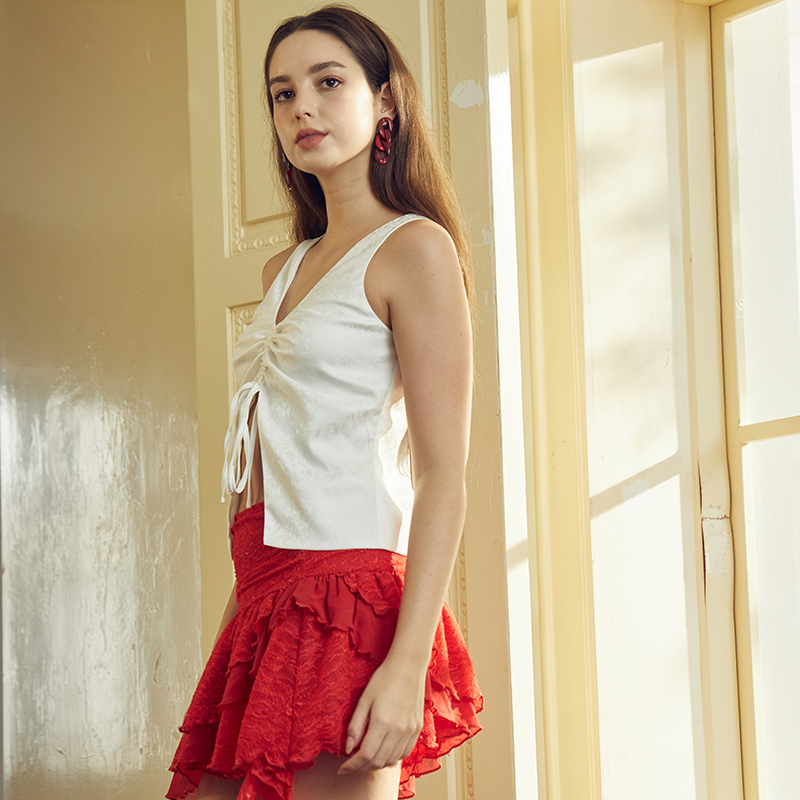 OEM red lace irregular chiffon skirt