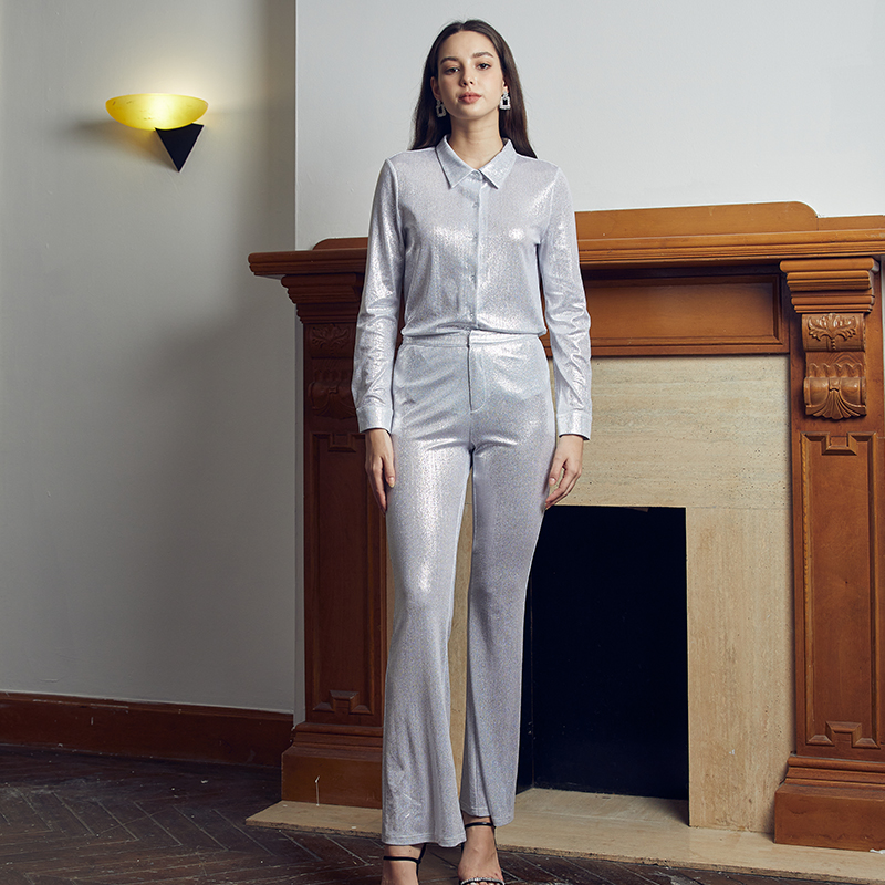 Formal hot silver shirt wide leg pants suit
