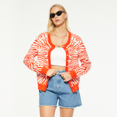 Zebra print crew neck button-down sweater
