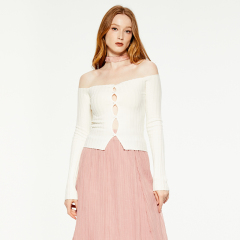 One-shoulder hollow knitted long-sleeved top