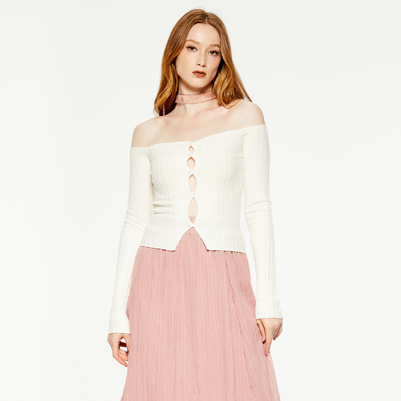 One-shoulder hollow knitted long-sleeved top