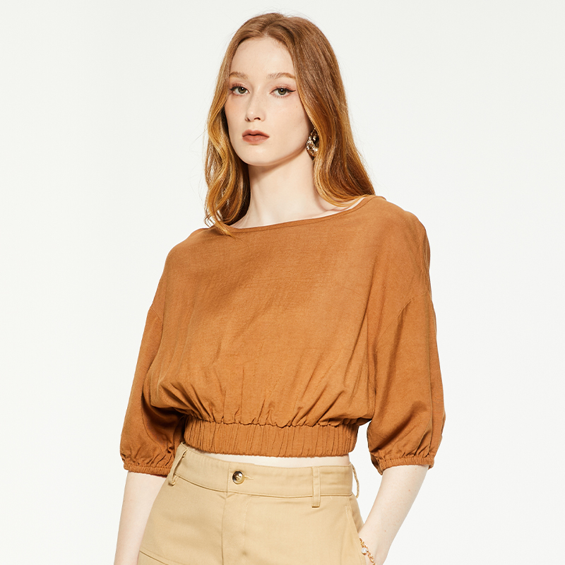 Retro round neck mid-sleeve crop top