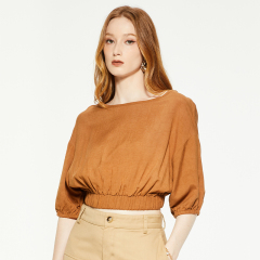 Retro round neck mid-sleeve crop top