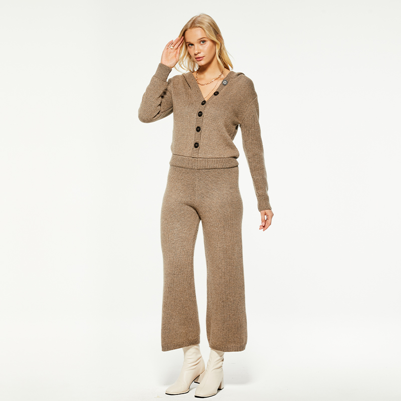 Brown Long Knit Wool Blend Hooded Jumpsuit
