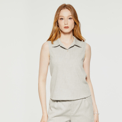 Solid Linen Shirt Collar Sleeveless Top