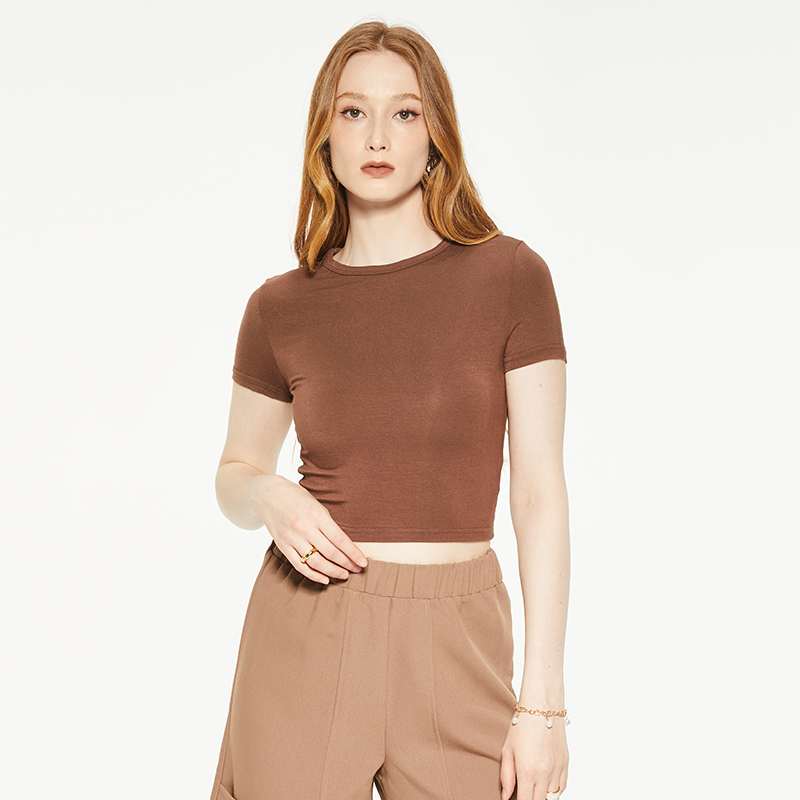 Brown round neck tight short sleeve blouse